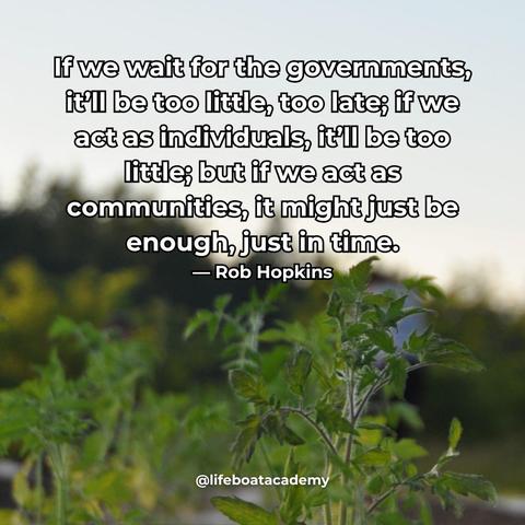 A social post from @lifeboatacademy which says: “If we wait for the governments, it’ll be too little, too late; if we act as individuals, it’ll be too little; but if we act as communities, it might just be enough, just in time.” — Rob Hopkins