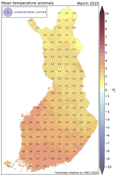 March 2025 temperature anomalies in Finland compared to the recent baseline. It was warmer throughout the country by 2-3.9°C.