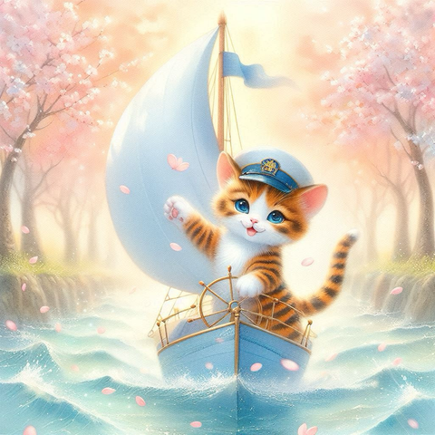 春の朝、桜舞う清流を青い船長帽をかぶったトラ柄の子猫が喜びながらヨットを操る様子。