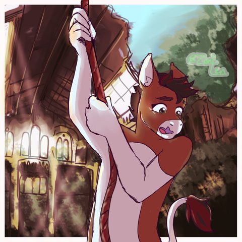 A waist-up image of an anthropomorphic donkey clings to a rope in an abandoned temple, looking down with a looking down with panic on his face.