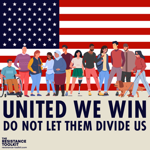 A diverse group of people of different ethnicities and abilities stand and talk with each other in front of an American flag. Below is bold text that reads: "United We Win. Do not let them divide us." At the bottom left is The Resistance Toolkit text logo and website url: "resistance-toolkit.com".