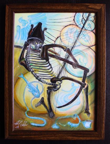 A skeleton holding a scythe. It’s Osiris, the lord of the underworld, from the waters of Duat, in Egyptian mythology: master over the domain of death and guardian over the water of life.

There are 3 forms av death represented: 1. The Scorpion 2. The snake and the fish 3 The eagle.

Osiris is standing on the bottom of the ocean. Next to him in the mud of decay, is the scorpion. It is the lowest form of dying: according to the myth it takes it own life when in a ring of fire. The scorpion stands between two flowers: a sour lily to its left and a lotus to its right: shaped like A and O: Alpha and Omega – they represent the physical life, and the scorpion is trapped between the limits of time.

On the skeletons left there is a fish biting a snakes tail: life and death are two curves from the same snake. Above him is the eagle: exaltation over matter and the death of the Ego.

The skeleton – Osiris - is performing the dance of death. He wears a crown with Maat’s ostrich feathers. He is kneeling and with his legs he is forming a gate to new life, while his posture also depicts the astrological sign for Saturn.

Inside the gate are bubbles rising to the surface. The bubbles, as incarnation of the soul, climbs the threads of time which forms Osiris’ phallus. With his scythe he his decapitating one of the souls inhabiting one of the rising bubbles – This is his two sides: in the same swing with his scythe, he both takes life as well as creates life through the bubbles it stirs.