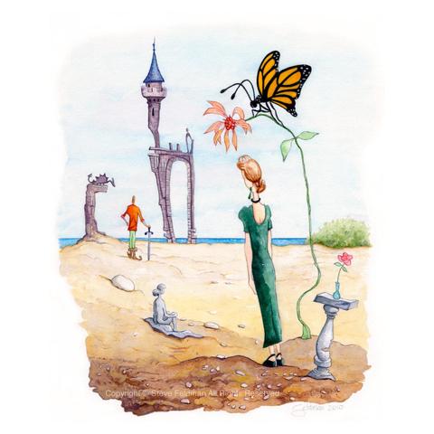 My watercolor painting titled "Looking Forward with Confidence to the Prospect of Possibility" depicts the remnants of a medieval structure on a beach with a male figure looking out to sea and in the nearer foreground a female figure standing, perhaps looking at the male figure, as she is overshadowed by a large butterfly on a tall stringy flowering plant. A rose in a vase and a female figurine are also present in the foreground. 