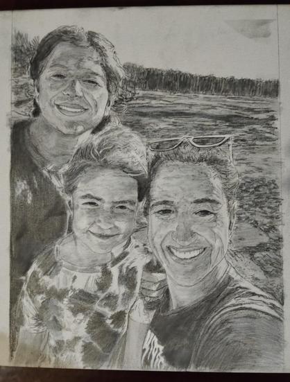 a black and white painting of a mother and her two daughters, all smiling, they are in a dry lake area 