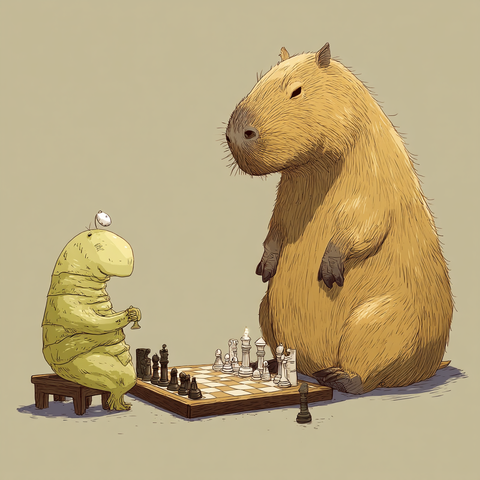Midjourney Prompt: cute capybara is playing chess with a tall tardigrade --v 7