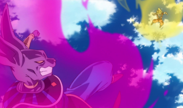 an aerial battle between the two characters,  one has a cat's head , he is surrounded by a pink aura flame of energy, the other in yellow gold light 
