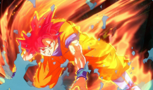 goku , now red, covered in flames, on one knee, looking to the right 