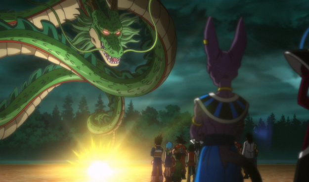 several characters seen from behind in a three quarter view, at night, looking up at a gold and green dragon floating in the air, it is looking down at them, speaking 