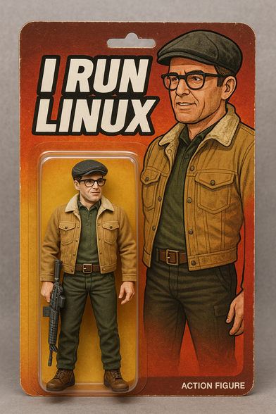 Action figure of me called "I run Linux".

I'm wearing a flatcap, a warm jacket, my glasses, and carrying an assault rifle.