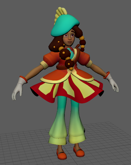 Niblet is a character with a vaguely jellyfish-themed outfit design; blue spiny hat, red and yellow skirt, and blue flared pants. The skirt and hat were originally meant to be transparent but that didn't end up happening since she was cut.