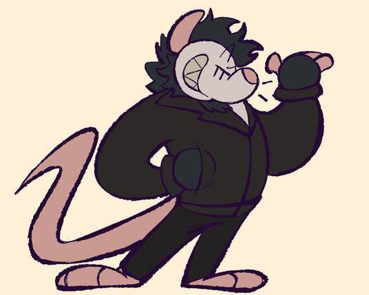 a possum in a brown jacket with black sweat pants grinning smugly to the camera
