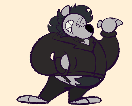 a bear in a brown jacket with black sweat pants grinning smugly to the camera