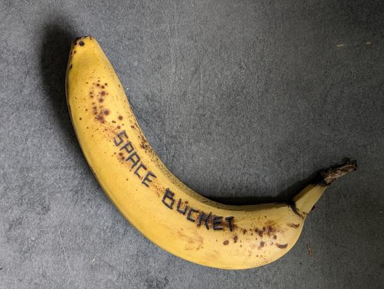 A banana against a grey backdrop with the words 'Space Bucket' etched into the skin.