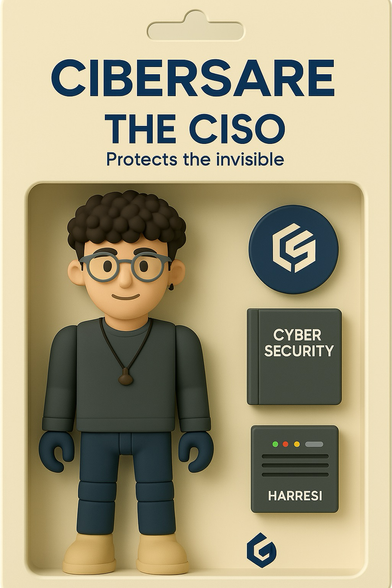 Una figura coleccionable llamada ‘The CISO’ dentro de un embalaje futurista cobra vida en un laboratorio cibernético. La cámara se acerca lentamente mientras luces azules y códigos digitales se reflejan en el plástico. Aparecen un libro de ciberseguridad y el dispositivo Harresi. La caja muestra el logo de Cibersare y el texto ‘Protege lo invisible’. La figura parpadea y se mueve levemente, como si fuera a activarse. Iluminación cinematográfica, tono futurista, 4K, formato vertical.