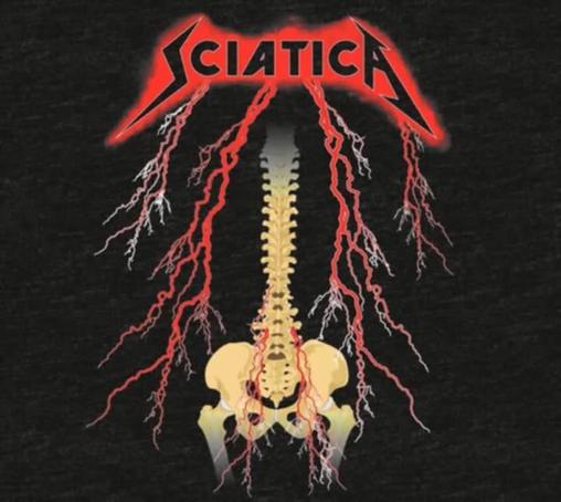 Sciatica written in death metal way with shooting lighting red and white and a spine and hips