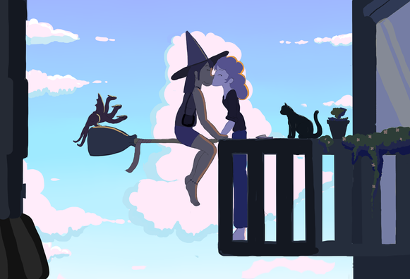 A witch riding on a broom kissing a girl who is standing up in a balcony