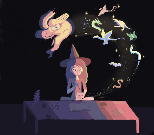 Digital art of a witch sitting in a low desk drawing fantastic animals that come to life