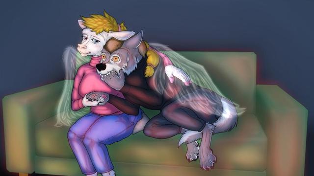 An anthropomorphic sheep with flowing blond hair, wearing a pink turtleneck sweater and blue jeans sits on a green sofa with an anthropomorphic wolf, who is biting the claws of one hand, cuddling up to her for comfort.  The wolf's terrified eyes are focused on a screen (off panel) playing what might be a horror movie, but the ewe looks gently in his direction out of the corner of her eye.  One of her hands holds the hand of his that is free, and her other arm is draped around his back.  Two spectral angel wings seem to emanate from the ewe, one of which offers protection, echoing the posture of the ewe's arm around the wolf.
