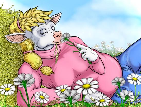An anthropomorphic sheep with flowing blond hair wearing a pink turtleneck sweater and blue jeans reclines against a haystack in a field of daisies, nursing the juice from a stalk of straw and smelling one of the daisies, her eyes closed in relaxation.