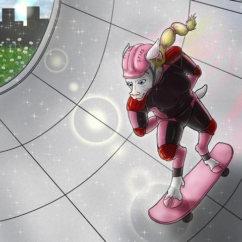 An anthropomorphic sheep with flowing blond hair wearing athletic pink and black clothing and protective skating gear skates a half-pipe with her hands behind her back.  Her hooves are painted pink, as is the skateboard, and there is a cityscape implied in the background across a field daisies.
