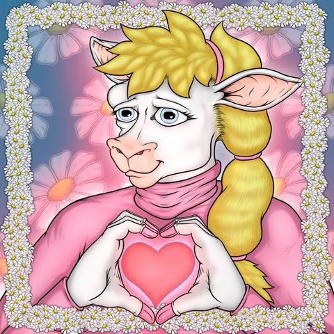 An icon of an anthropomorphic ewe with flowing blond hair tied with pink hair ties, wearing a pink turtleneck sweater.  Her hands are posed in a heart shape, echoed by a solid red heart inside the shape made by the hands.  The background is a repeated pattern of daisy heads, and there is a border of clustered daisy heads around the image.