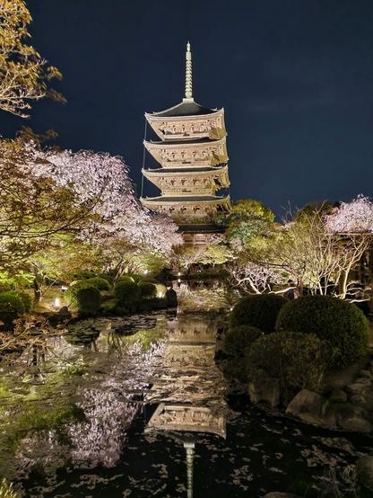 To-ji's gardens and famous pagoda lit up for sakura season.