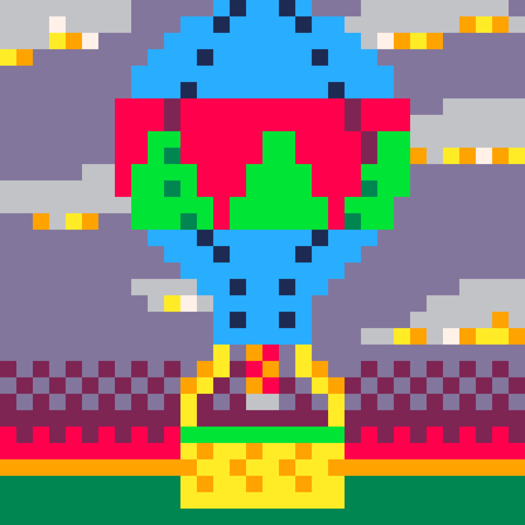 Pixel art of a hot air balloon with a wicker basket on a grass field at sunset. The balloon is blue with a center horizantal stripe of alternating red and green triangles. The fading sunlight reflects off the bottom of the scattered clouds.