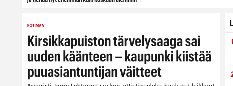 Kuvakaappaus Ilta=Sanomien nettiotsikosta: Kirsikkapuiston tärvelysaaga sai uuden käänteen – kaupunki kiistää puuasiantuntijan väitteet