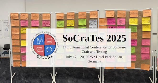 Photo of the session planning board. 
Overlayed with the SoCraTes logo and the text

SoCraTes 2025
14th International Conference for Software Craft and Testing
July 17 – 20, 2025 • Hotel Park Soltau, Germany