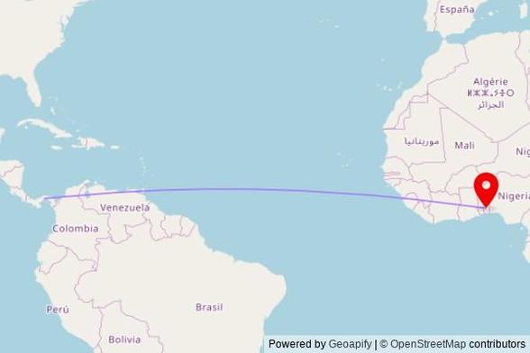 A map showing the great circle route from Ancón in Panama to a map pin at Diocèse d'Abomey Chancelerie, Route de la Préfecture, Abomey, Benin