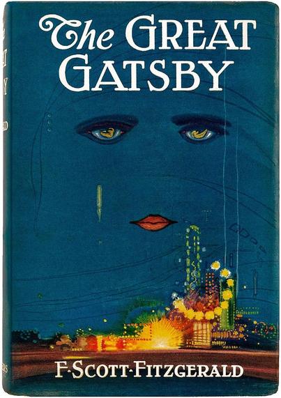 The front dust jacket art of the first edition of The Great Gatsby, known as Celestial Eyes.

The front dust jacket art with title against a dark sky. Beneath the title are lips and two eyes, looming over a city.