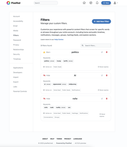 Pixelfed filters list v1 design