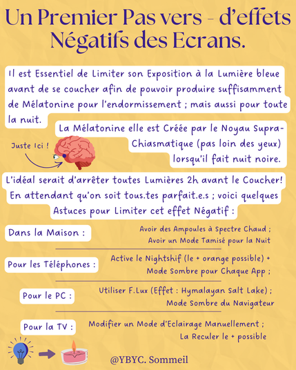 Il est Essentiel de Limiter son Exposition à la Lumière bleue avant de se coucher afin de pouvoir produire suffisamment de Mélatonine pour l’endormissement ; mais aussi pour toute la nuit.
La Mélatonine elle est Créée par le Noyau Supra-Chiasmatique (pas loin des yeux) 
lorsqu’il fait nuit noire.
Juste Ici !
Un Premier Pas vers - d’effets Négatifs des Ecrans.
L’idéal serait d’arrêter toutes Lumières 2h avant le Coucher! En attendant qu’on soit tous.tes parfait.e.s ; voici quelques Astuces pour Limiter cet effet Négatif :
Pour les Téléphones :Active le Nightshif (le + orange possible) + Mode Sombre pour Chaque App ;

Pour la TV :Utiliser F.Lux (Effet : Hymalayan Salt Lake) ; 
Mode Sombre du Navigateur
Pour le PC :Modifier un Mode d’Eclairage Manuellement ; 
La Reculer le + possible
Dans la Maison :
Avoir des Ampoules à Spectre Chaud ;
 Avoir un Mode Tamisé pour la Nuit