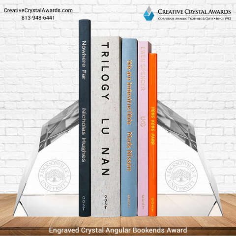 Engraved crystal bookends, optical crystal bookends pair, crystal bookends gift award, bookends crystal award, crystal book stopper, crystal book holder, corporate crystal gifts supplier USA, Creative Crystal Awards