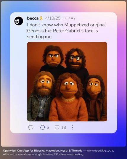 An online post featuring a group of four Muppet-inspired characters resembling musicians with long hair and various clothing styles. The caption humorously compares them to the band Genesis, specifically referencing Peter Gabriel.