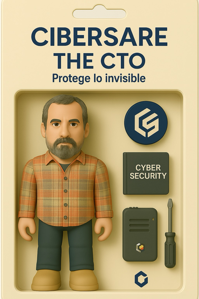 Figura de acción dentro de su caja con la etiqueta “The CTO”, barba gris, camisa de cuadros. A su lado, un destornillador digital y el dispositivo Harresi en modo desarrollador. El lema en la caja dice: “Builds the backbone”.