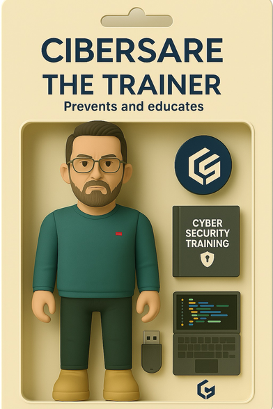 Figura de acción en su caja con la etiqueta “THE TRAINER”. Representa a un hombre con gafas, barba y suéter verde. Los accesorios incluyen un libro titulado “Cyber Security Training”, un portátil con código en pantalla y un pendrive. El lema en la caja es: “Prevents and educates”.