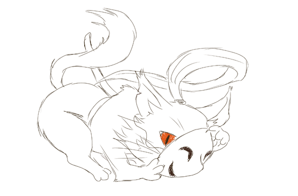 kitten trying to take off mask. With fluffy tail, a sword and a pony tail