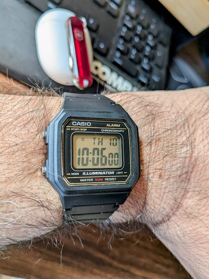 Gold trim on black Casio Digital Watch W-217H-9AVCF. 

In the background is a translucent ruby Victorinox Classic SD magnetized to the back of Pixel Buds Series-A earbuds sitting on a 1990's era black CompUSA wristpad. 