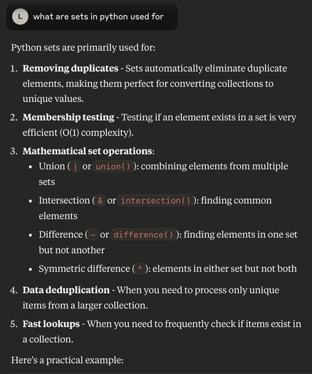 a prompt in claude.ai asking: “what are sets in python used for” and the response includes a duplicate answer in list items 1 and 4 that state they can be used for data deduplication