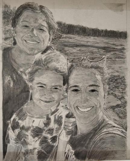 a painting in black and white, it is two girls, five years apart, and their mother, smiling at the viewer, some trees and nature behind them 