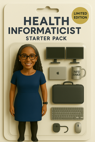 A stylized action figure titled "Health Informaticist Starter Pack" is packaged on a white backing with navy blue text and a gold "Limited Edition" sticker in the top right corner. The figure is a smiling Black woman with gray and black locs, wearing cat-eye glasses, pearl earrings, a royal blue knee-length dress, black tights, and black boots. Accessories include two black computer monitors on stands, a silver Apple laptop, a silver mug labeled “INFO JUNKIE,” a gray briefcase, and a silver keyboard and mouse set.