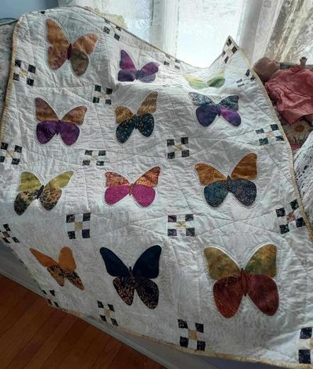 a quilt, it is 4 rows of three butterflies, each a different color scheme, the butterflies divided by wavy stitching and squares with white and blue squares in them 