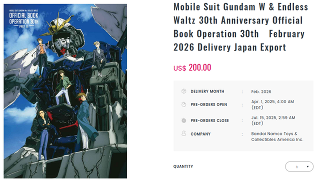 Pre-order page for the Mobile Suit Gundam W & Endless Waltz 30th Anniversary Official Book, featuring art, model sheets and story-boards.