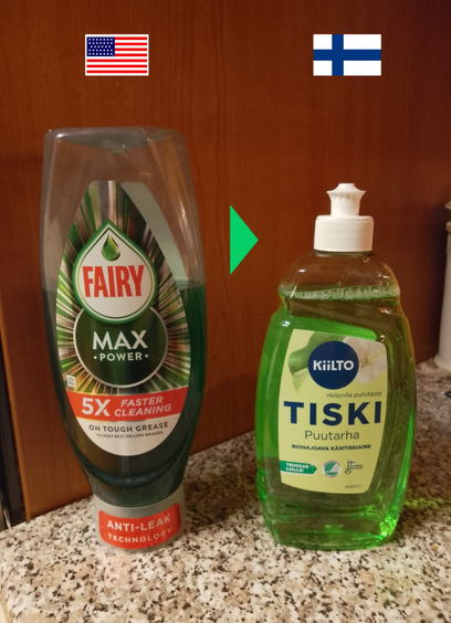 Fairy on yhdysvaltalaisen Procter & Gamblen valmistama astianpesuaine. Kuvassa Fairy Max Power-pullo, ja vieressä vaihtoehtoisena tuotteena suomalainen Kiilto Tiski Puutarha-astianpesuaine.