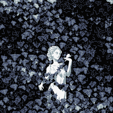 Statue of a woman looking at a butterfly on her hand. Surrounding her is a massive wall of english ivy. The colors are muted blue, black, and white.