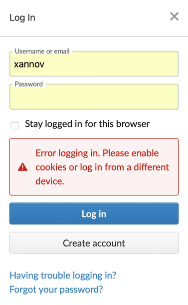 Pop up window for logging into Bricklink showing the message "Error logging in. Please enable cookies or log in from a different device"