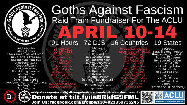 Goths against fascism raid train for the ACLU. April 10-14.