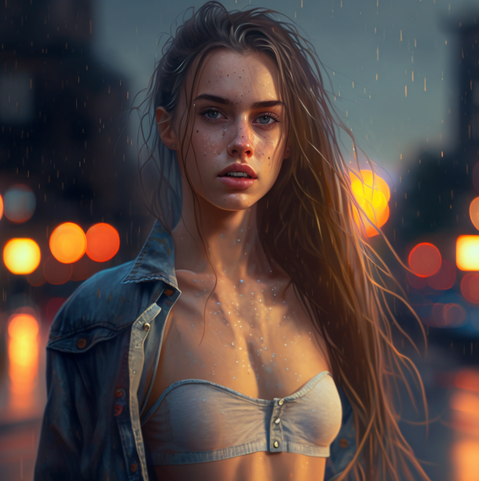 Young woman in open denim jacket standing in the rain at night against a backdrop of soft lights.