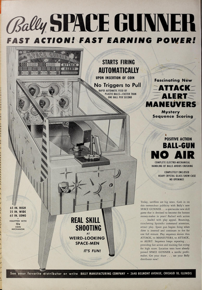 1958-06-07 Cash Box pg 78. Advertisement for Bally's Space Gunner, a self-contained carnival-style shooting game.